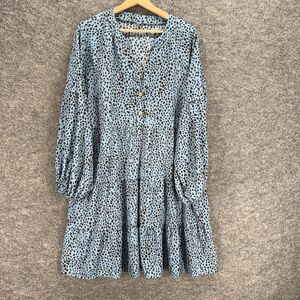 Mopoogoss Dress Women XL Blue Animal Print Shift Midi V-Neck Long Sleeve Button